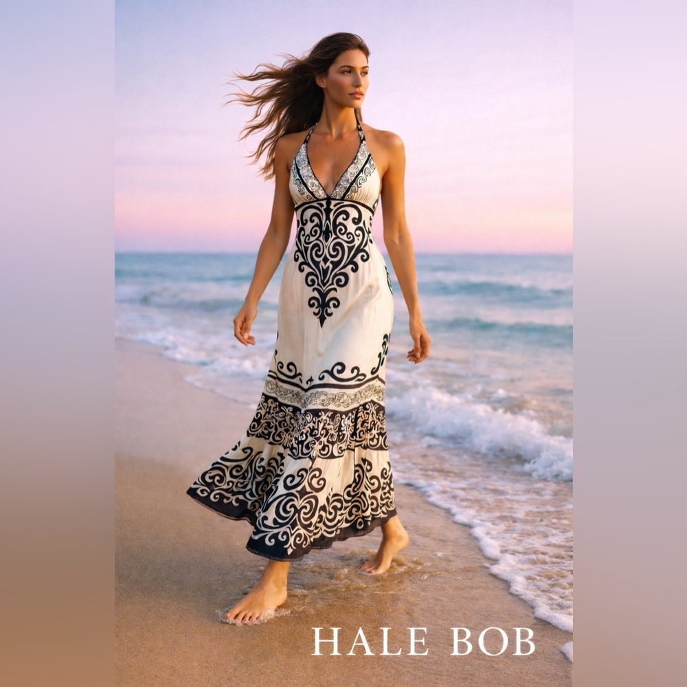 Vintage Hale Bob SiLk, Cabana,Black/Ivory Baroque Halter Dress,EUC,Y2K,Size XS/S
